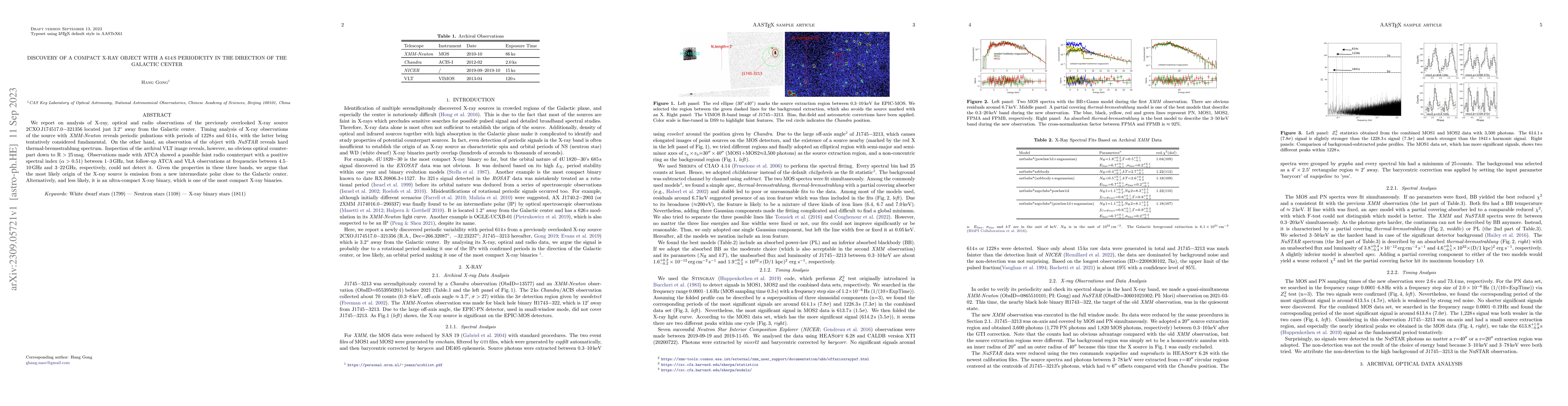 Thumbnail for Discovery of A Compact X-ray Object with A 614s Periodicity in the
  Direction of the Galactic center