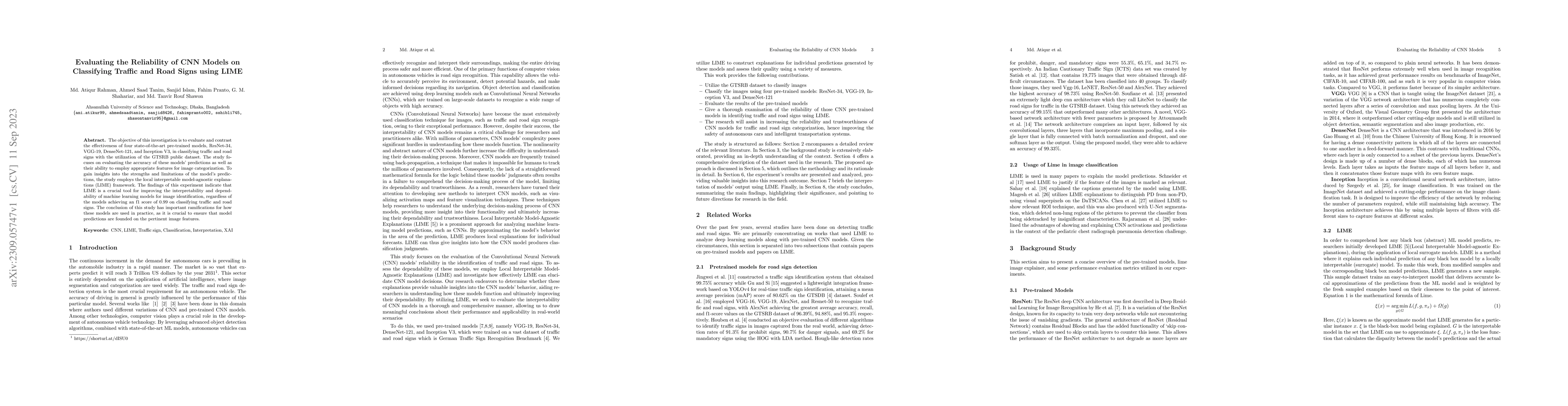Thumbnail for Evaluating the Reliability of CNN Models on Classifying Traffic and Road
  Signs using LIME