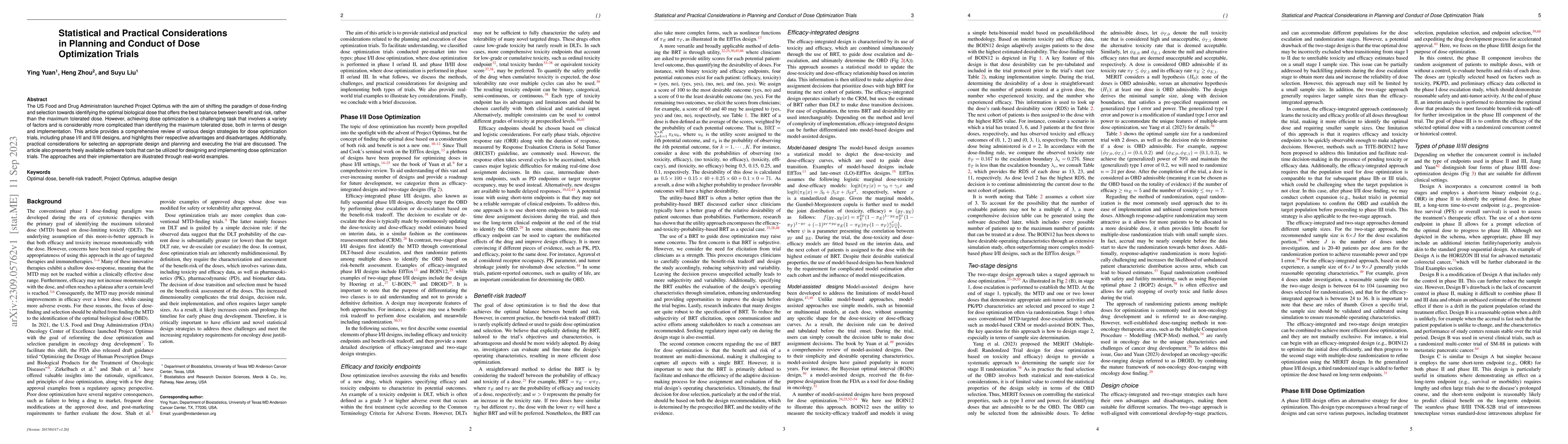 Thumbnail for Statistical and Practical Considerations in Planning and Conduct of Dose
  Optimization Trials