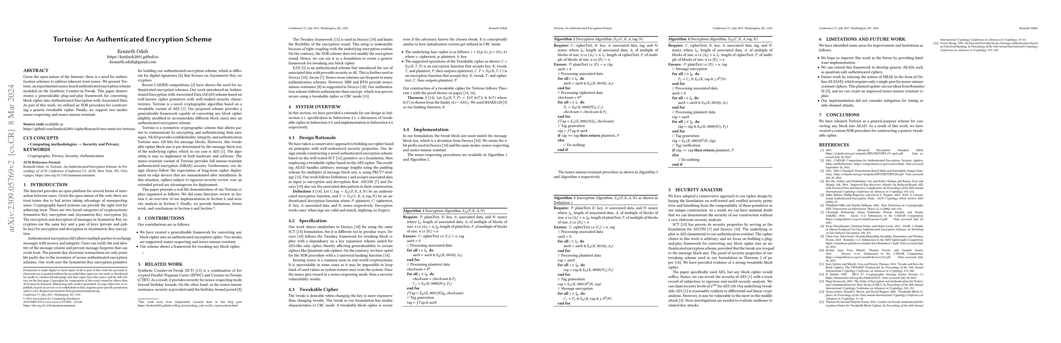 Thumbnail for Tortoise: An Authenticated Encryption Scheme