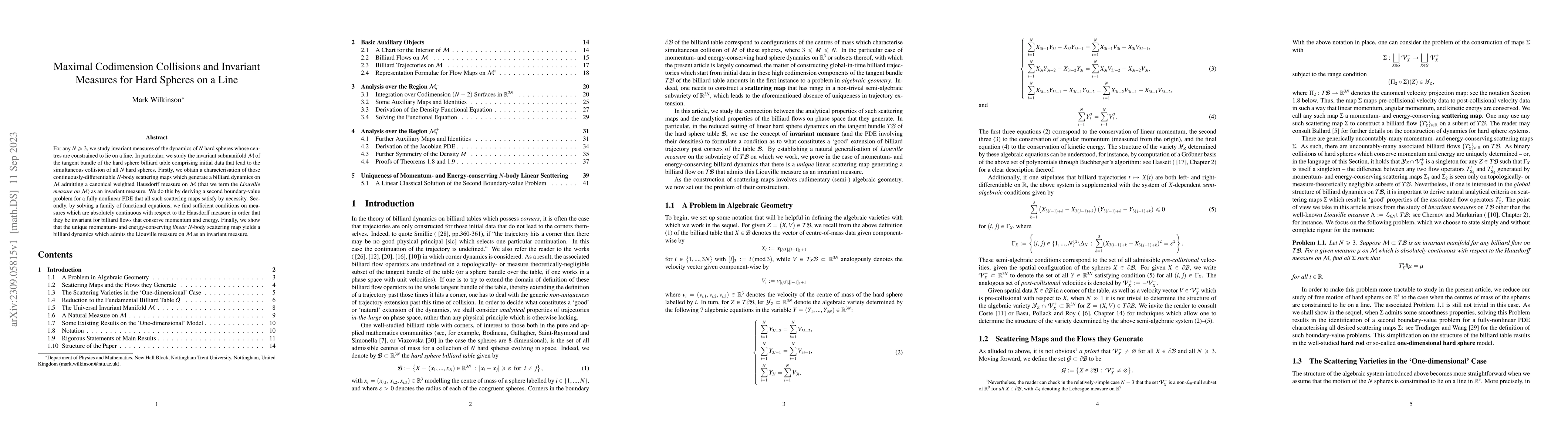 Thumbnail for Maximal Codimension Collisions and Invariant Measures for Hard Spheres
  on a Line