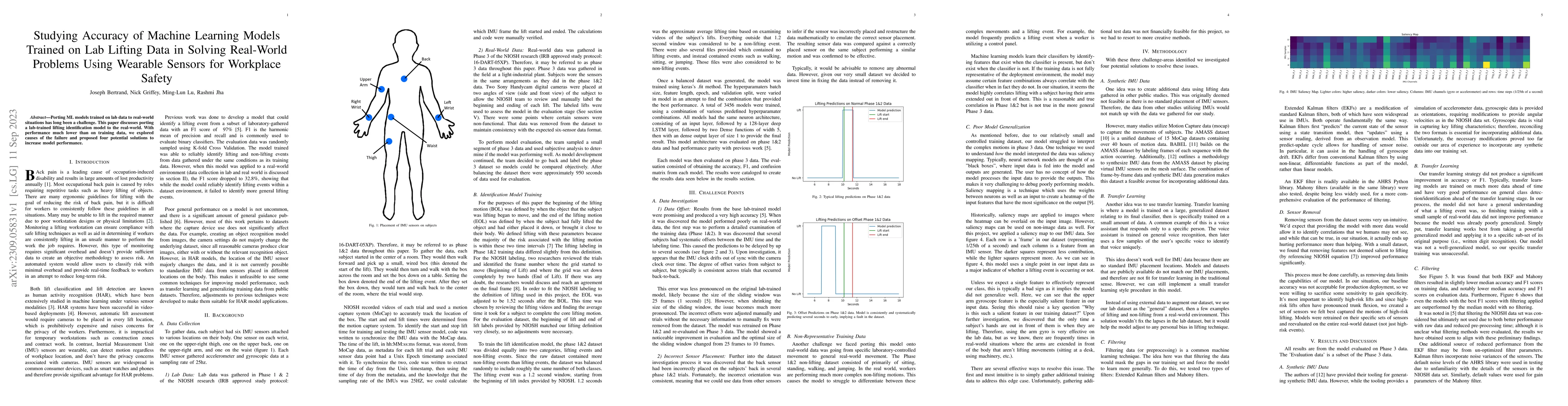 Thumbnail for Studying Accuracy of Machine Learning Models Trained on Lab Lifting Data
  in Solving Real-World Problems Using Wearable Sensors for Workplace Safety