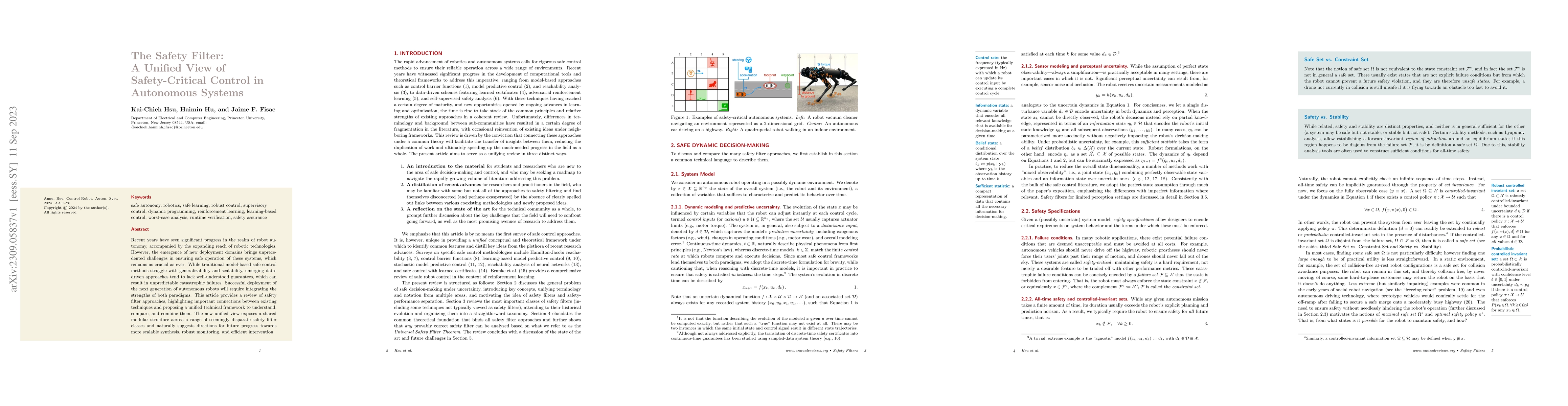 Thumbnail for The Safety Filter: A Unified View of Safety-Critical Control in
  Autonomous Systems