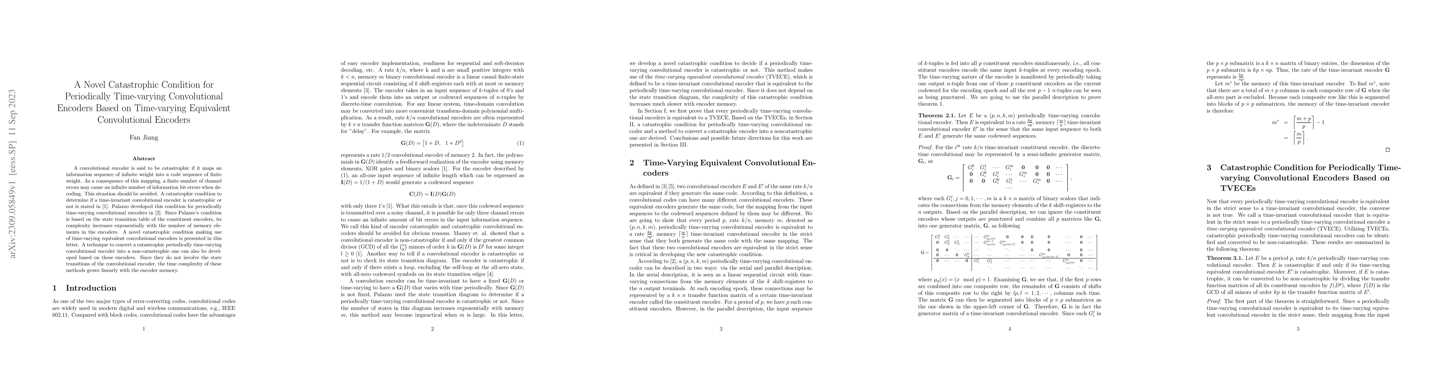 Thumbnail for A Novel Catastrophic Condition for Periodically Time-varying
  Convolutional Encoders Based on Time-varying Equivalent Convolutional
  Encoders