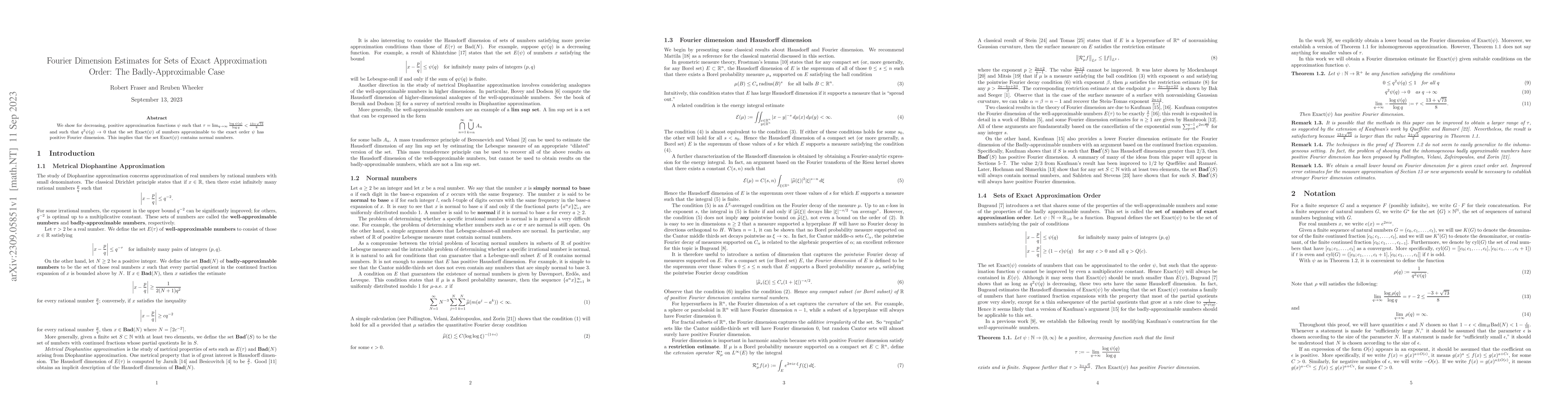 Thumbnail for Fourier Dimension Estimates for Sets of Exact Approximation Order: The
  Badly-Approximable Case