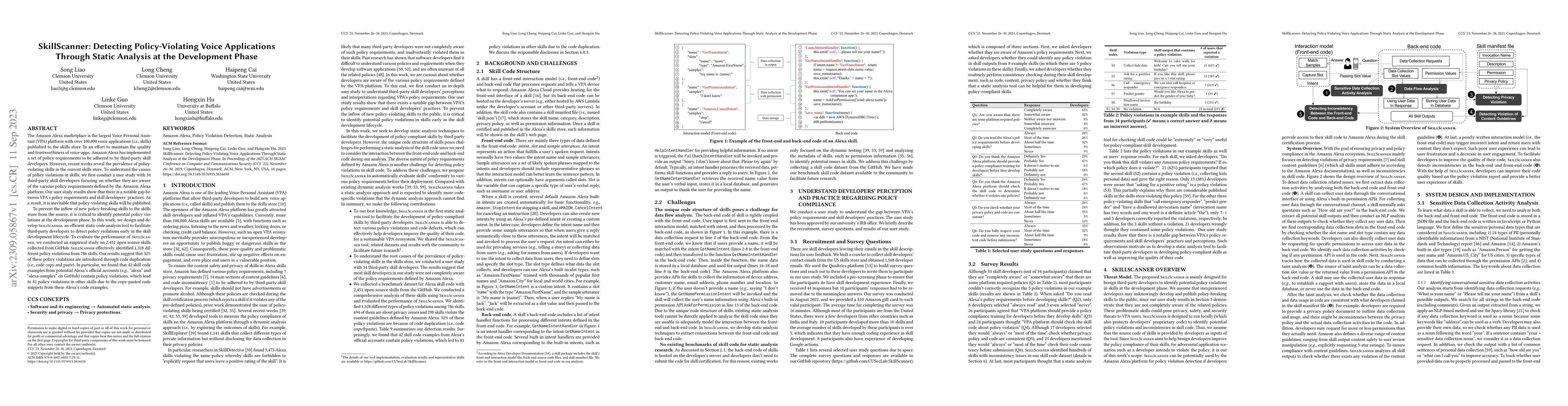 Thumbnail for SkillScanner: Detecting Policy-Violating Voice Applications Through
  Static Analysis at the Development Phase