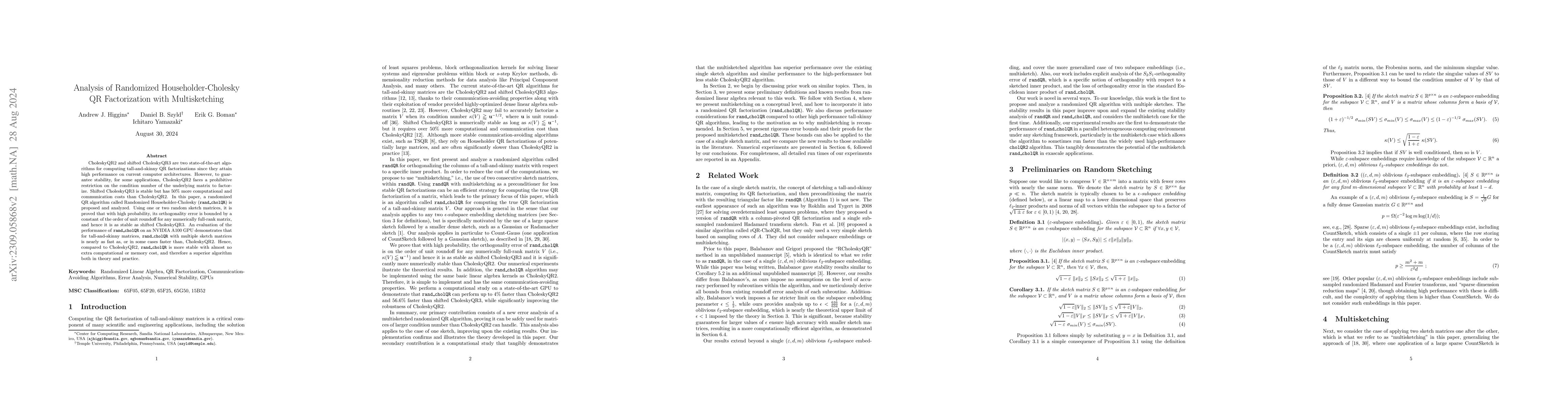 Thumbnail for Analysis of Randomized Householder-Cholesky QR Factorization with
  Multisketching