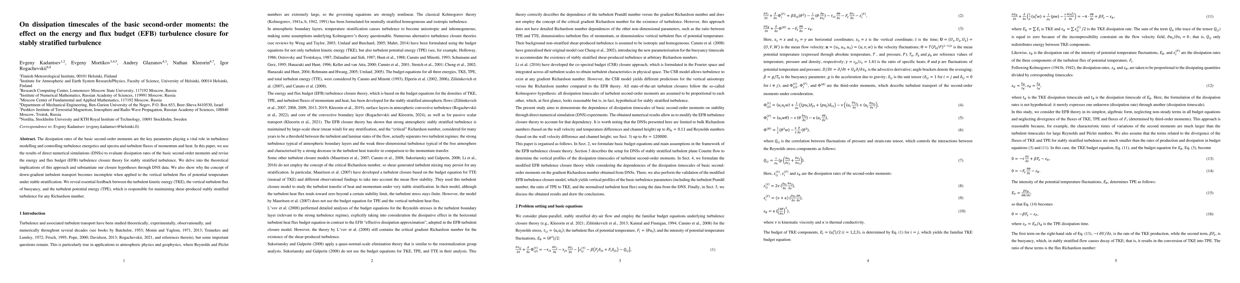 Thumbnail for On dissipation time scales of the basic second-order moments: the effect
  on the Energy and Flux-Budget (EFB) turbulence closure for stably stratified
  turbulence