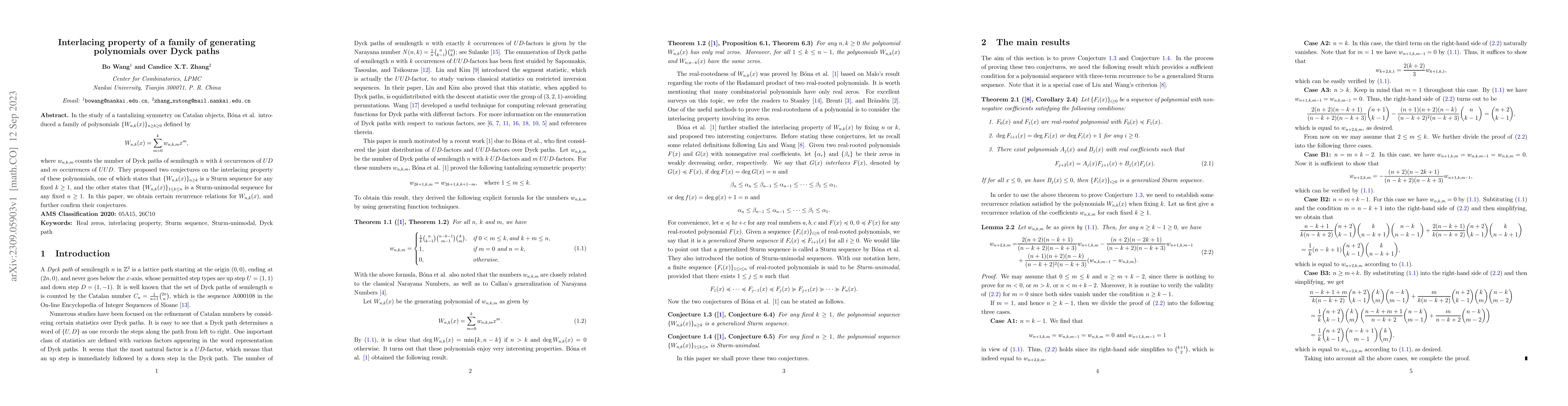 Thumbnail for Interlacing property of a family of generating polynomials over Dyck
  paths