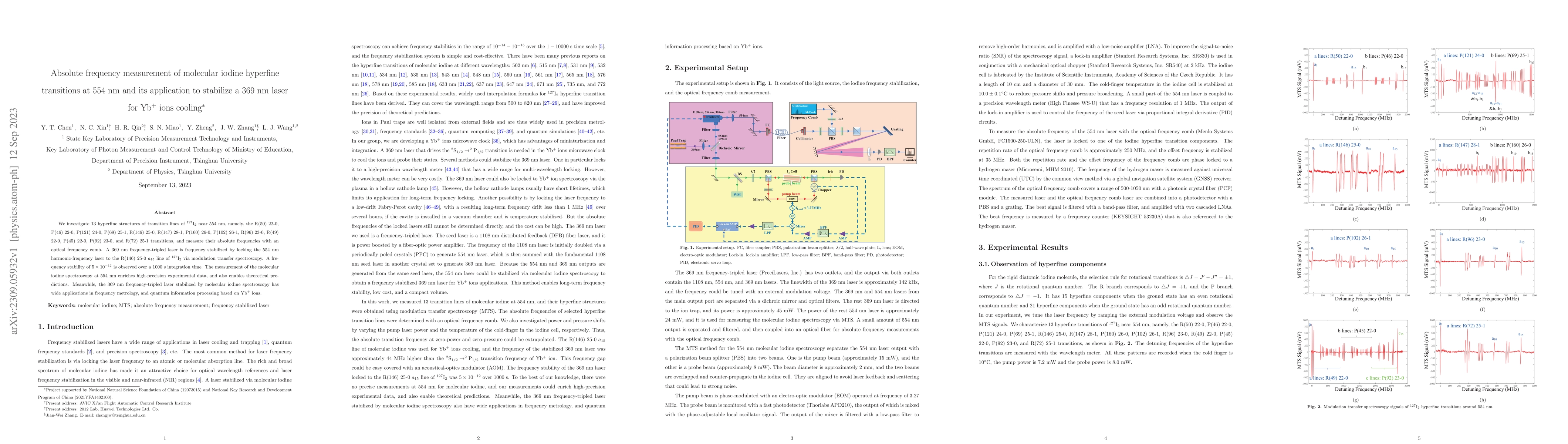 Thumbnail for Absolute frequency measurement of molecular iodine hyperfine transitions
  at 554 nm and its application to stabilize a 369 nm laser for Yb+ ions
  cooling