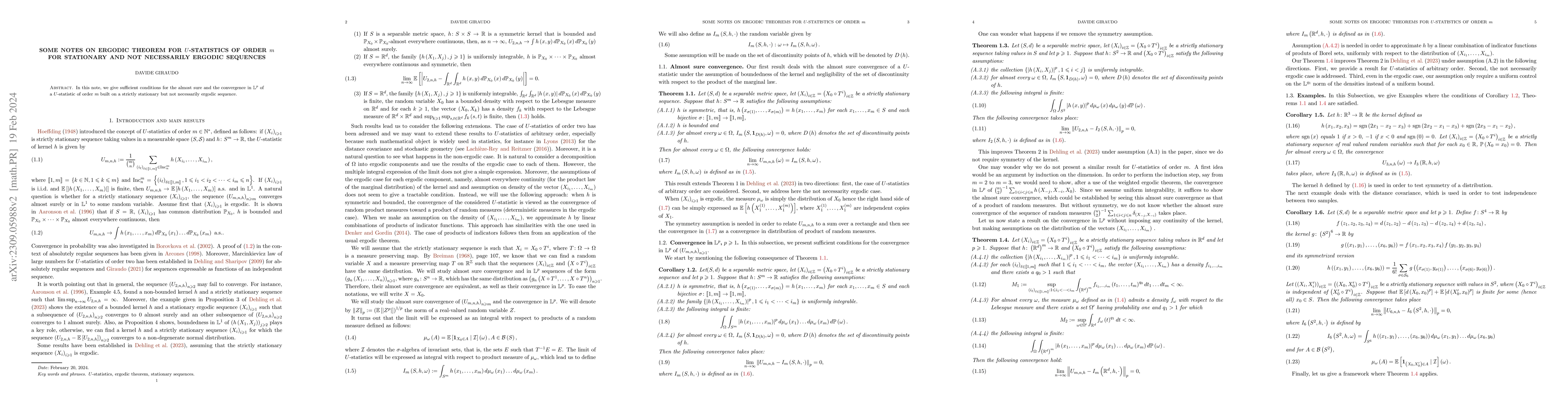 Thumbnail for Some notes on ergodic theorem for $U$-statistics of order $m$ for
  stationary and not necessarily ergodic sequences