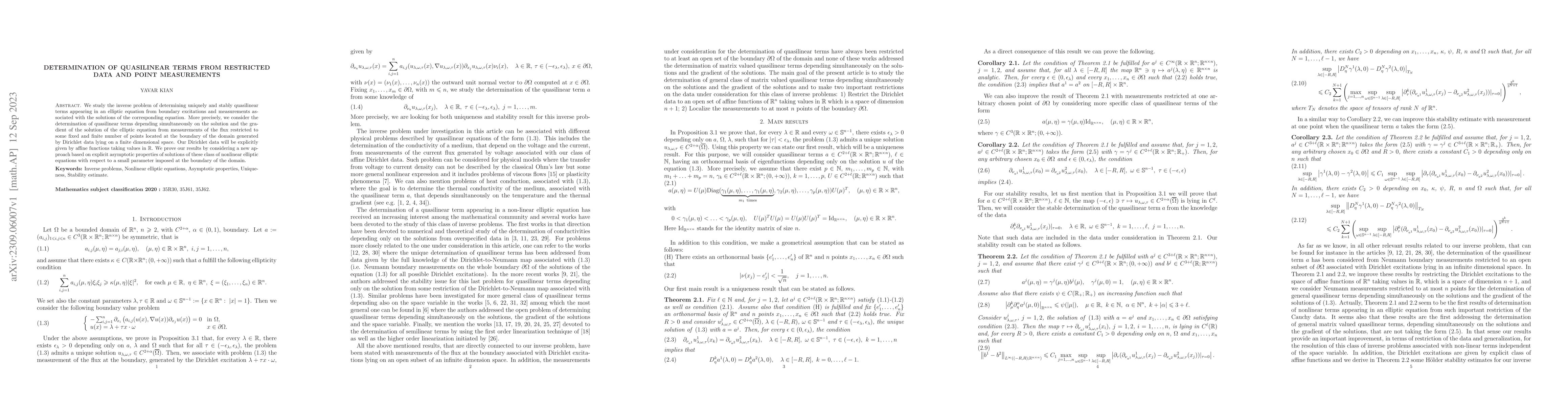 Thumbnail for Determination of quasilinear terms from restricted data and point
  measurements