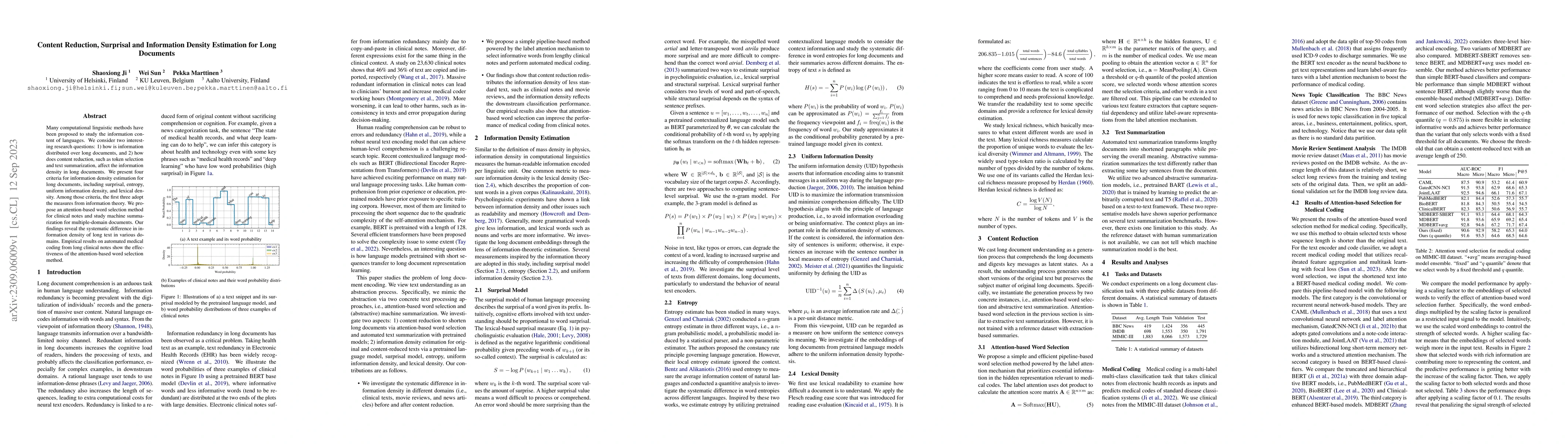 Thumbnail for Content Reduction, Surprisal and Information Density Estimation for Long
  Documents
