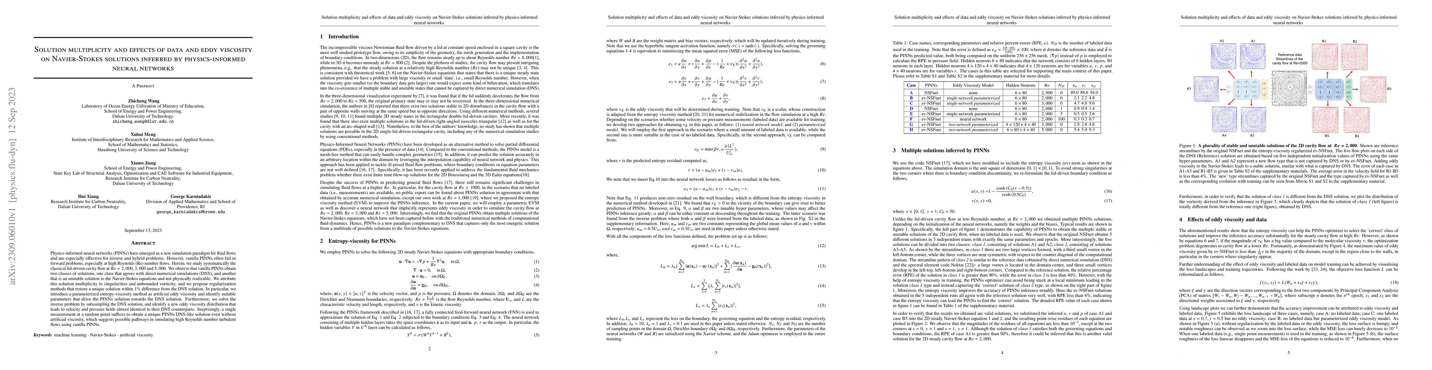 Thumbnail for Solution multiplicity and effects of data and eddy viscosity on
  Navier-Stokes solutions inferred by physics-informed neural networks