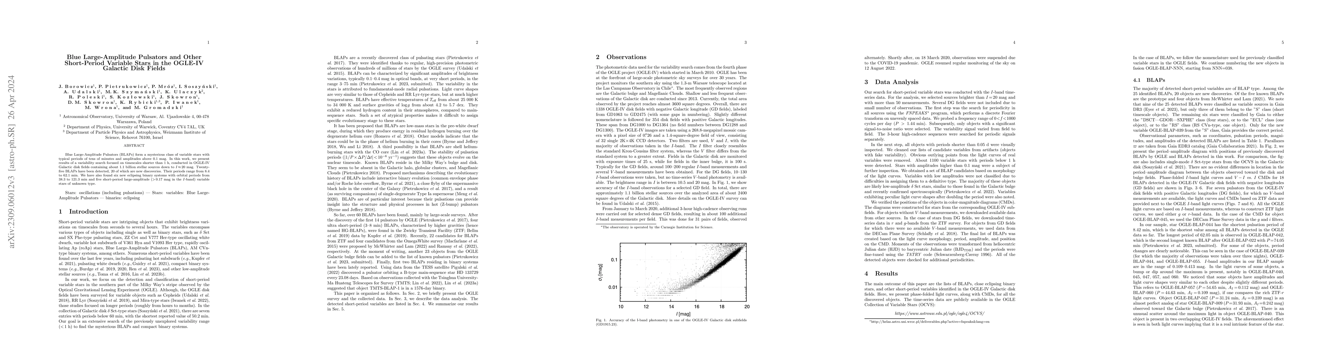 Thumbnail for Blue Large-Amplitude Pulsators and Other Short-Period Variable Stars in
  the OGLE-IV Galactic Disk Fields
