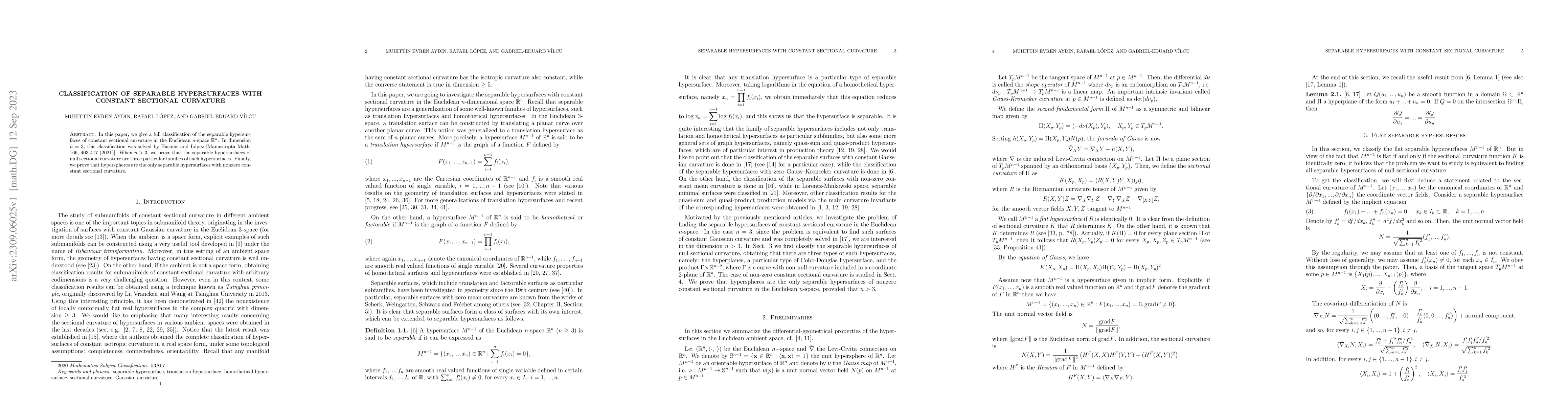 Thumbnail for Classification of separable hypersurfaces with constant sectional
  curvature