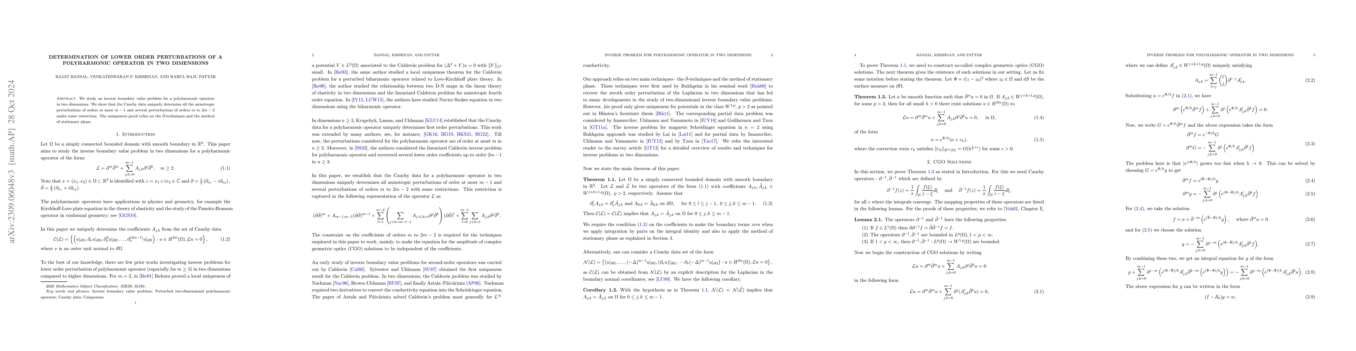 Thumbnail for Determination of Lower Order Perturbations of a Polyharmonic Operator in
  Two Dimensions