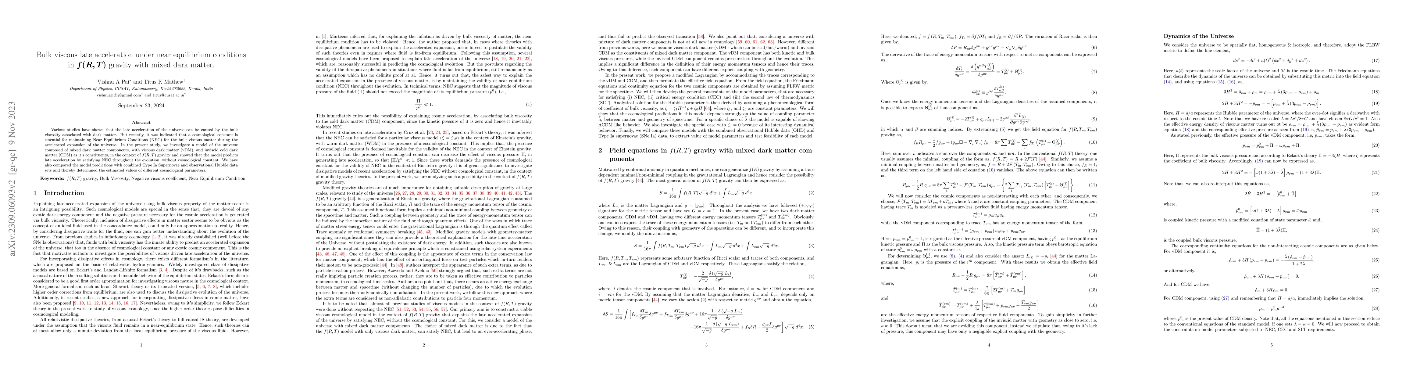 Thumbnail for Bulk viscous late acceleration under near equilibrium conditions in f(R,
  T) gravity with mixed matter