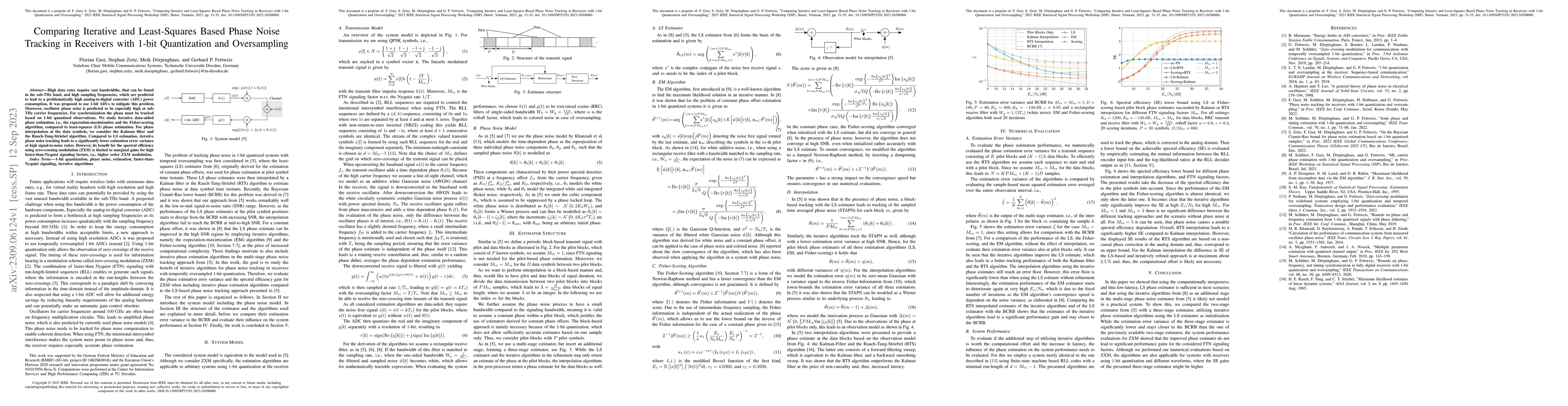 Thumbnail for Comparing Iterative and Least-Squares Based Phase Noise Tracking in
  Receivers with 1-bit Quantization and Oversampling