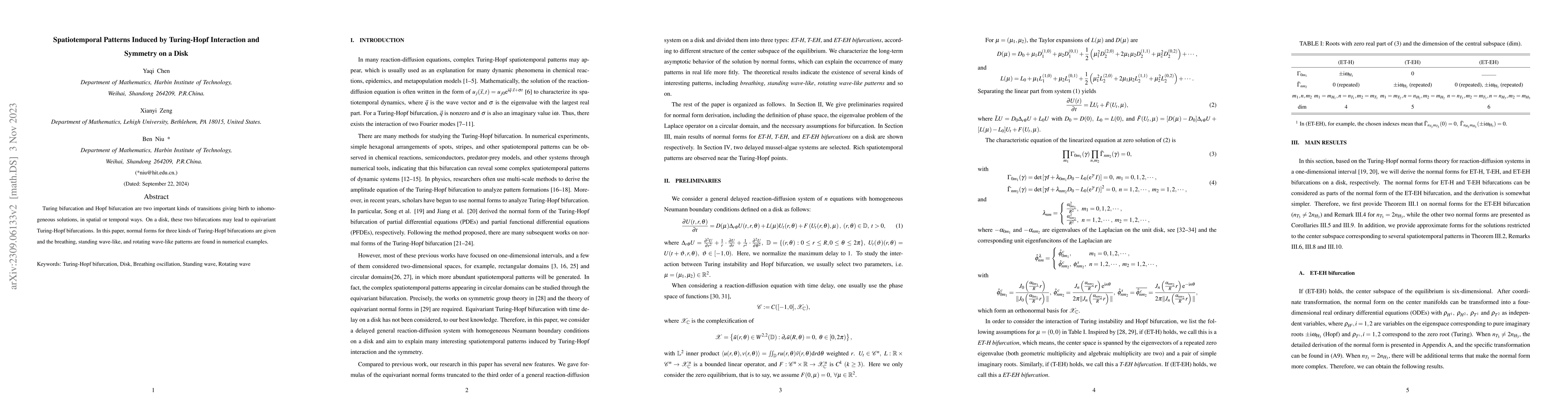 Thumbnail for Spatiotemporal Patterns Induced by Turing-Hopf Interaction and Symmetry
  on a Disk