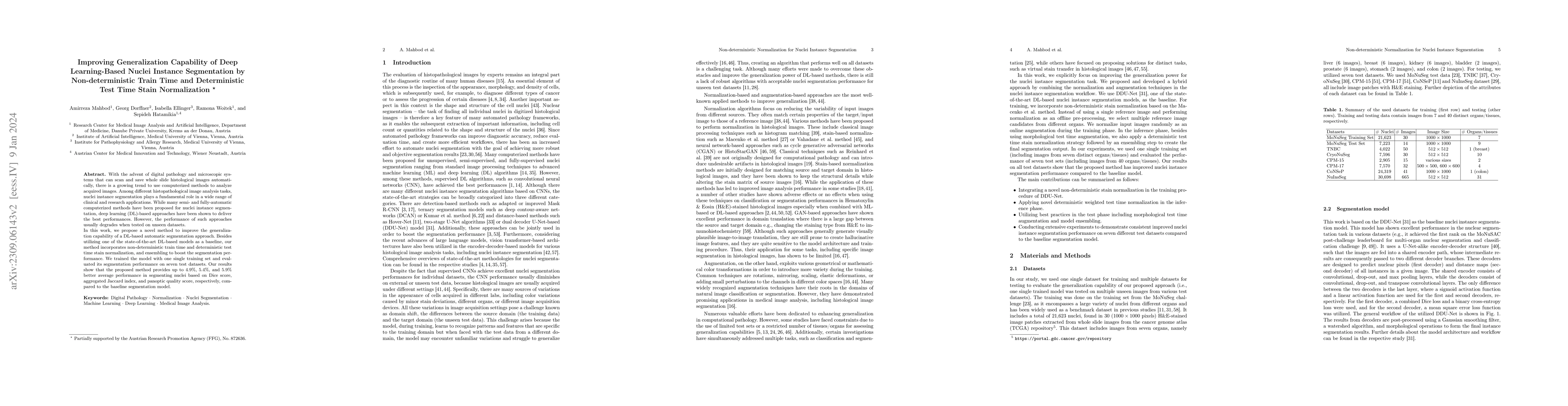 Thumbnail for Improving Generalization Capability of Deep Learning-Based Nuclei
  Instance Segmentation by Non-deterministic Train Time and Deterministic Test
  Time Stain Normalization