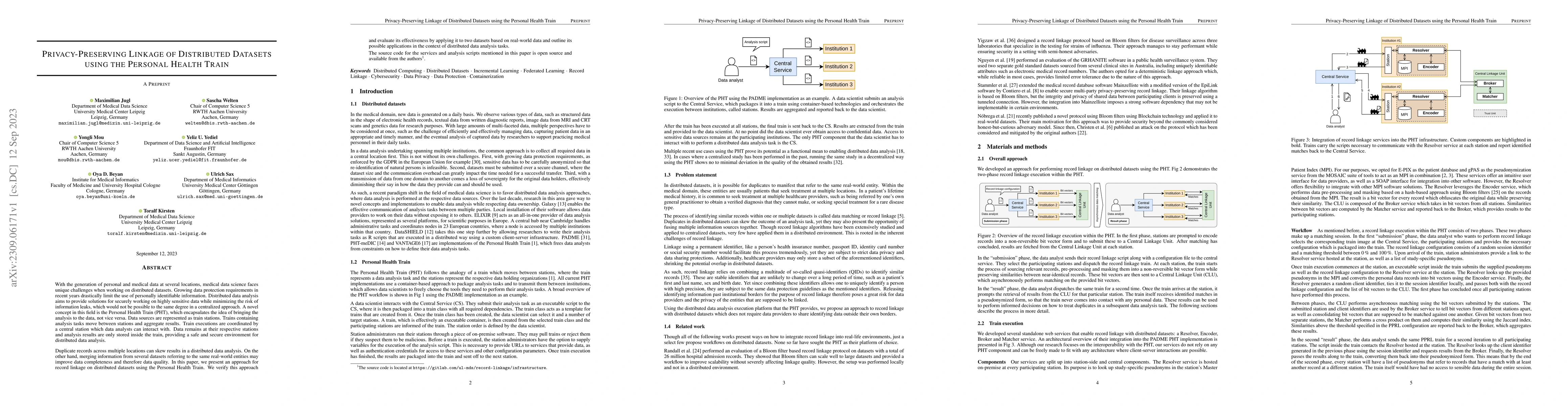 Thumbnail for Privacy-Preserving Linkage of Distributed Datasets using the Personal
  Health Train