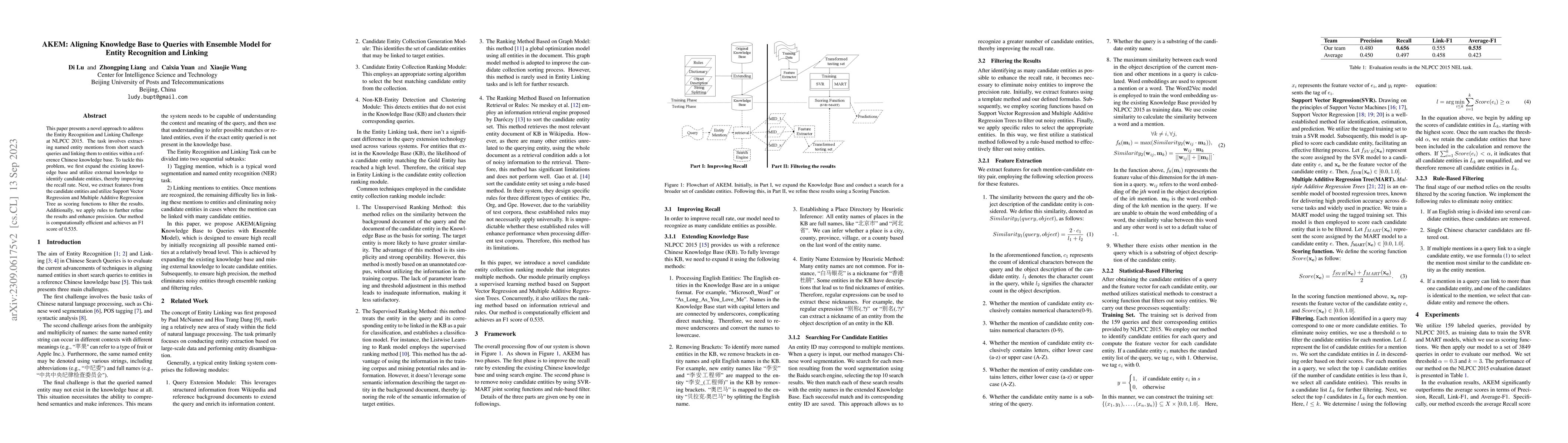 Thumbnail for AKEM: Aligning Knowledge Base to Queries with Ensemble Model for Entity
  Recognition and Linking