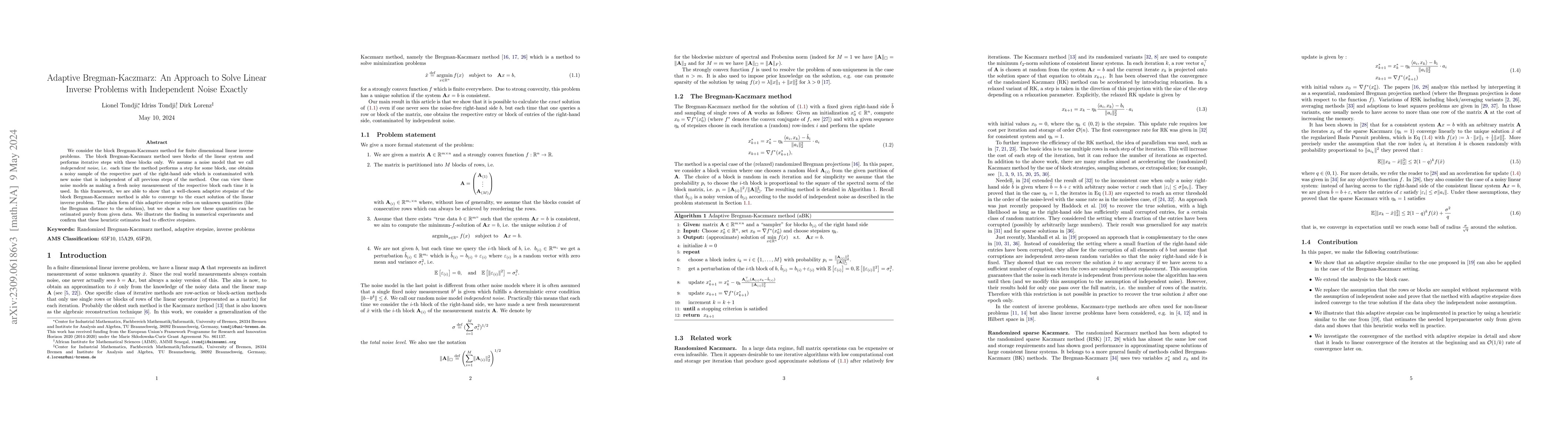 Thumbnail for Adaptive Bregman-Kaczmarz: An Approach to Solve Linear Inverse Problems
  with Independent Noise Exactly