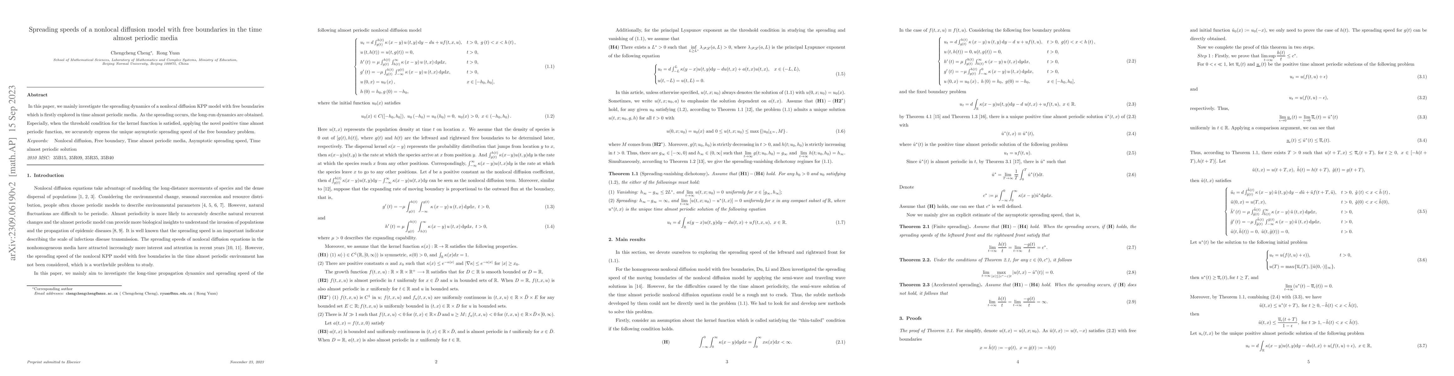 Thumbnail for Spreading speeds of a nonlocal diffusion model with free boundaries in
  the time almost periodic media