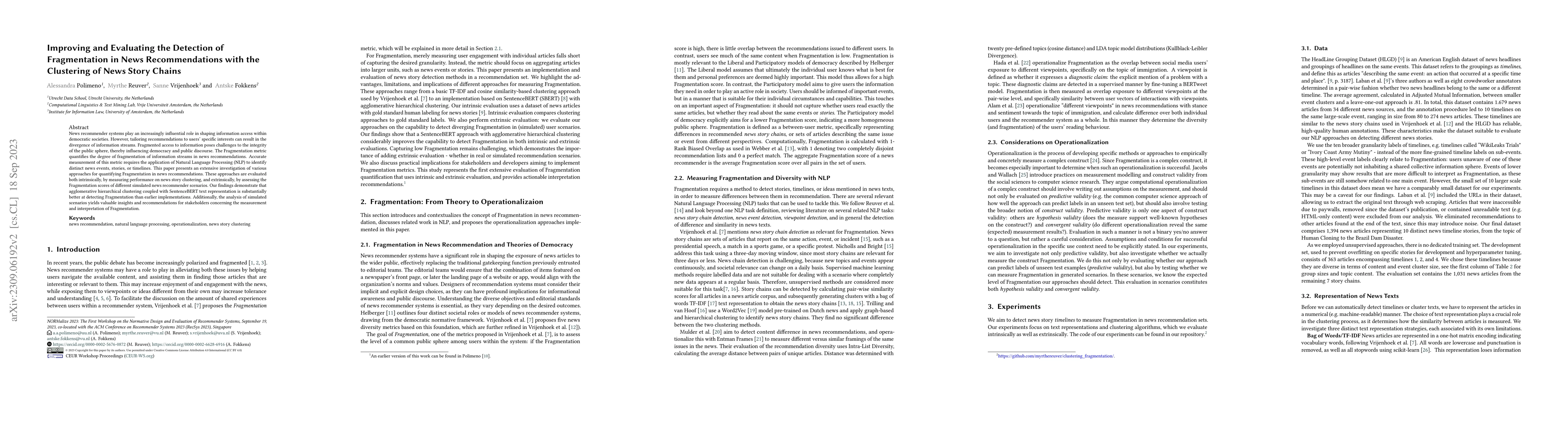 Thumbnail for Improving and Evaluating the Detection of Fragmentation in News
  Recommendations with the Clustering of News Story Chains