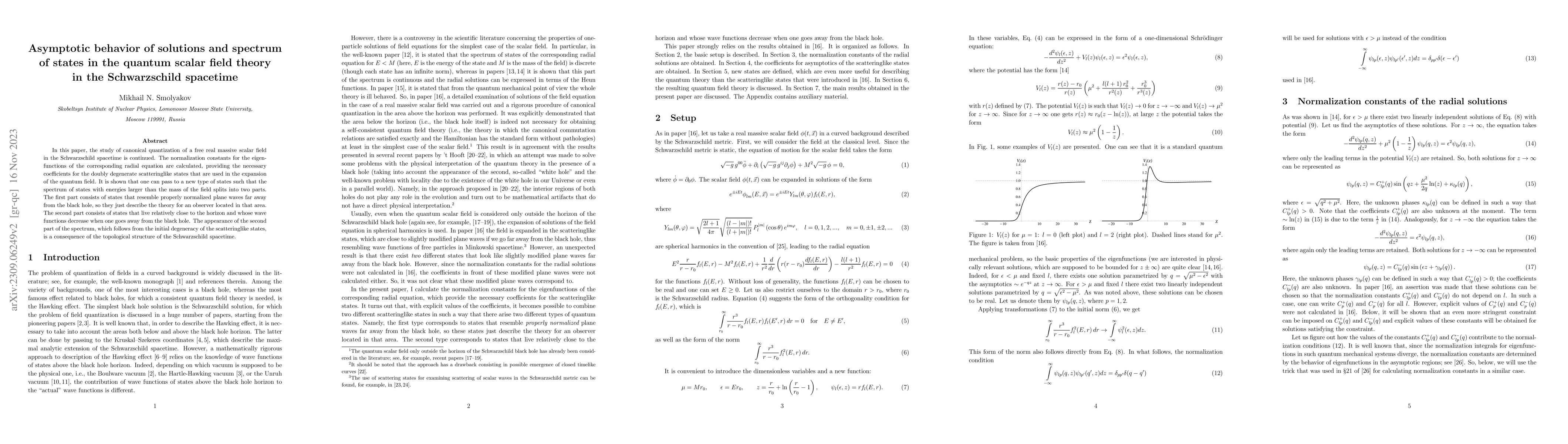 Thumbnail for Asymptotic behavior of solutions and spectrum of states in the quantum
  scalar field theory in the Schwarzschild spacetime