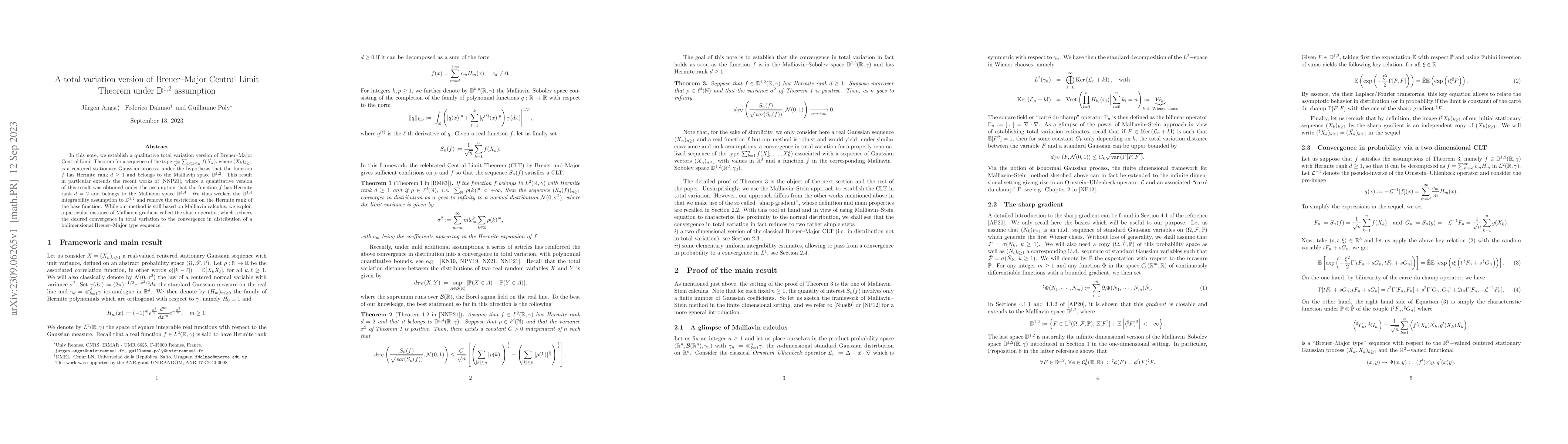 Thumbnail for A total variation version of Breuer--Major Central Limit Theorem under
  $\mathbb{D}^{1,2}$ assumption