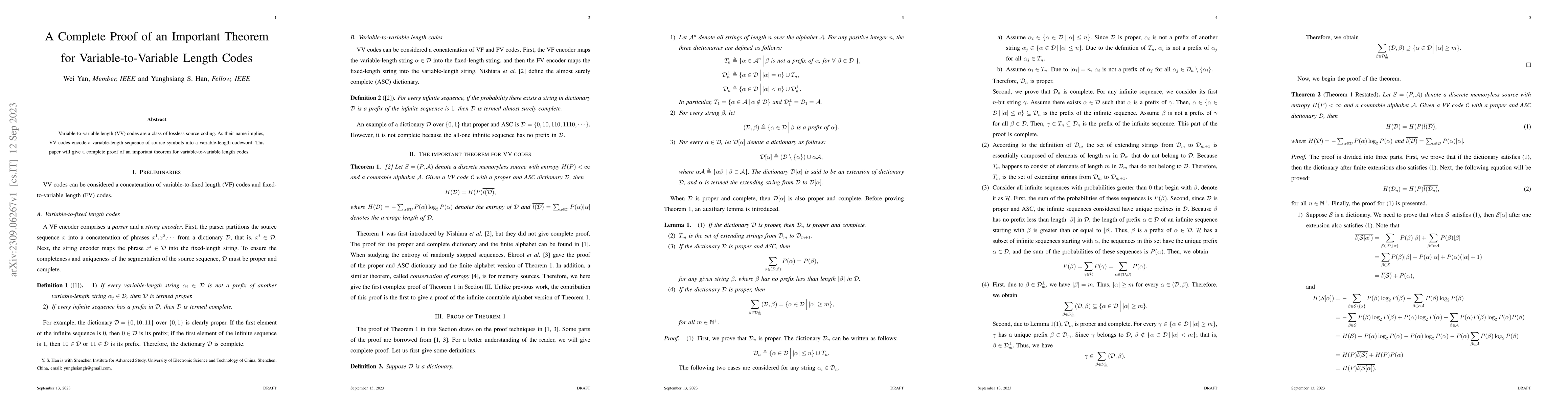 Thumbnail for A Complete Proof of an Important Theorem for Variable-to-Variable Length
  Codes
