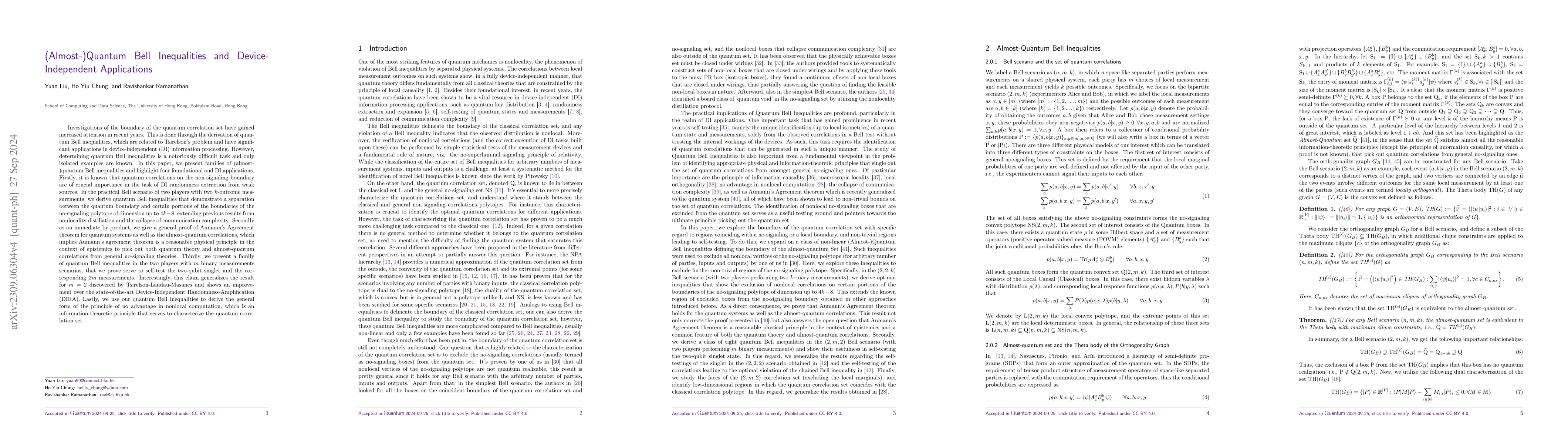 Thumbnail for (Almost-)Quantum Bell Inequalities and Device-Independent Applications
