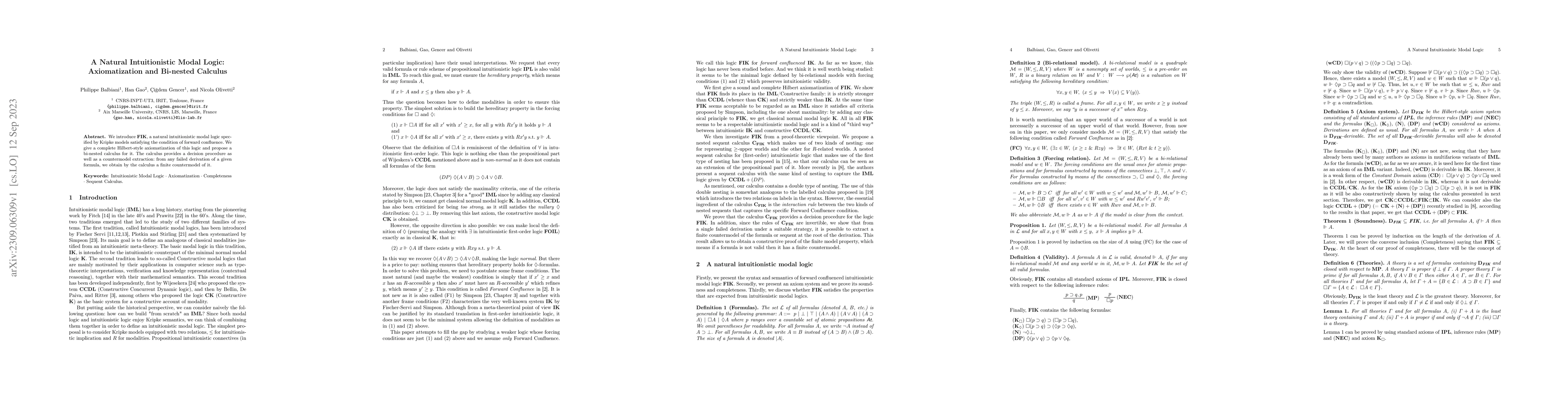 Thumbnail for A Natural Intuitionistic Modal Logic: Axiomatization and Bi-nested
  Calculus