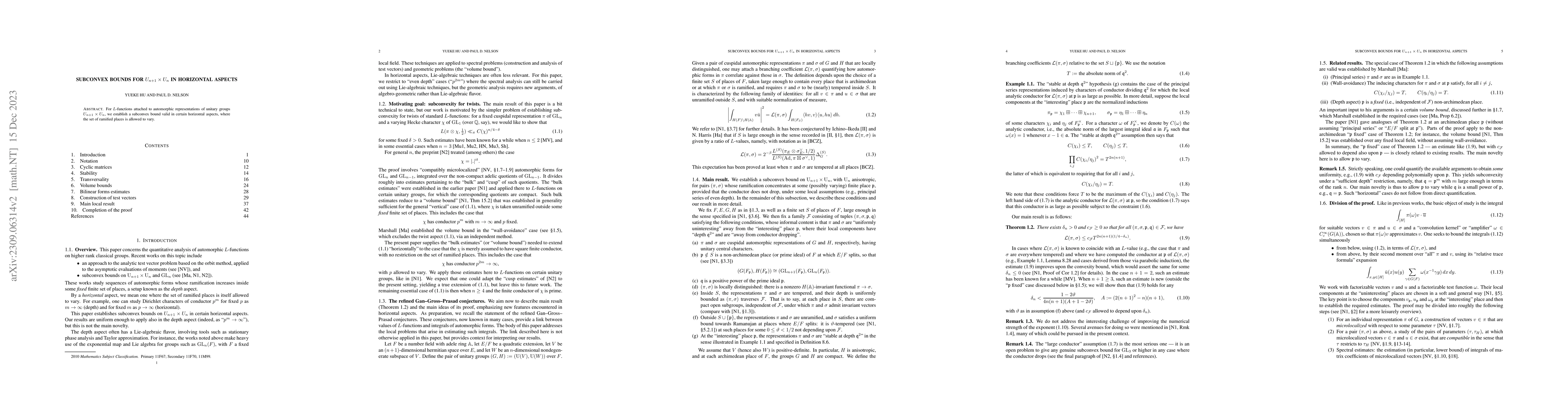 Thumbnail for Subconvex bounds for $U_{n+1}\times U_n$ in horizontal aspects