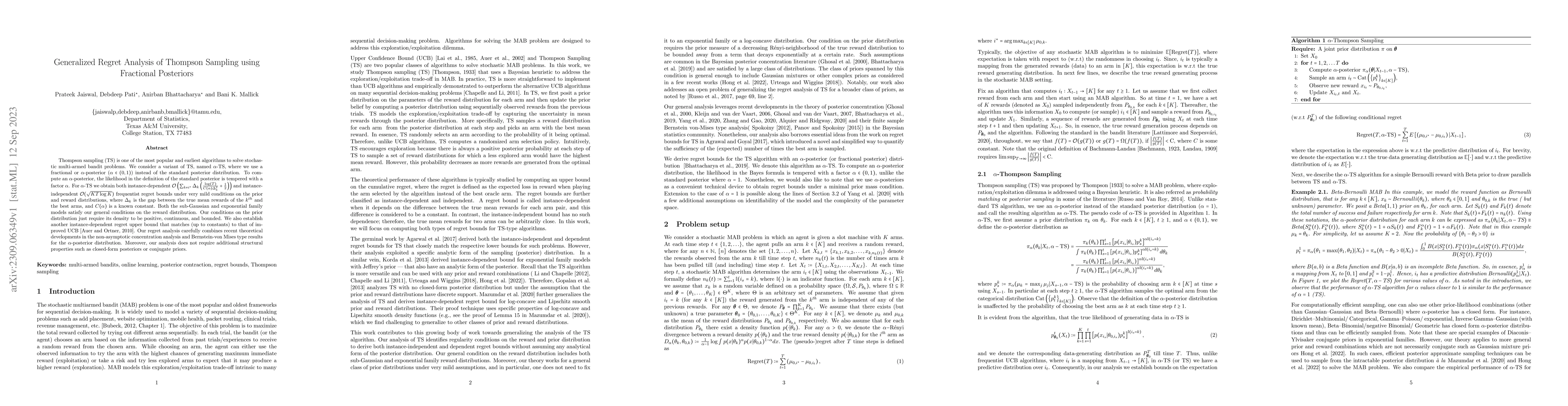 Thumbnail for Generalized Regret Analysis of Thompson Sampling using Fractional
  Posteriors