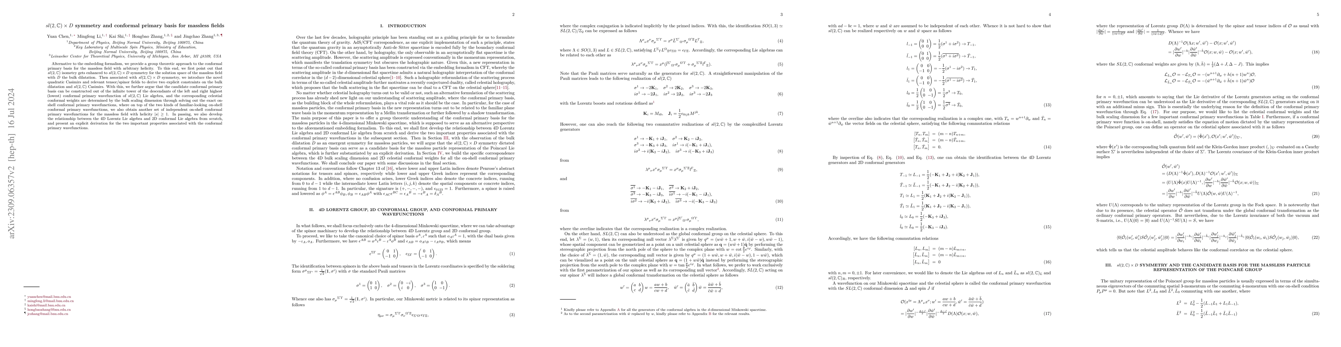 Thumbnail for $sl(2,\mathds{C})\times D$ symmetry and conformal primary basis for
  massless fields