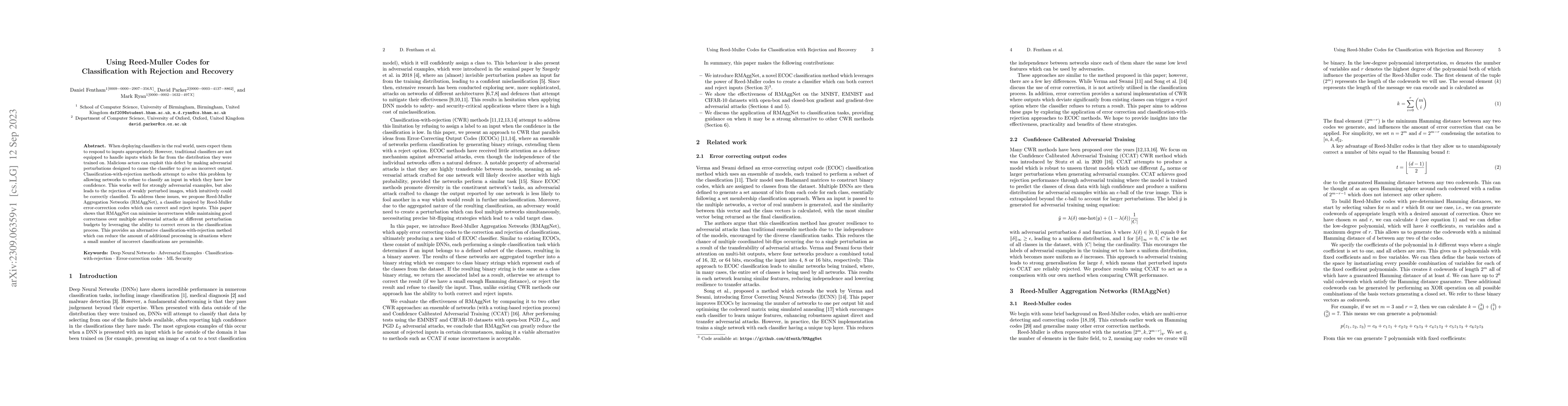 Thumbnail for Using Reed-Muller Codes for Classification with Rejection and Recovery