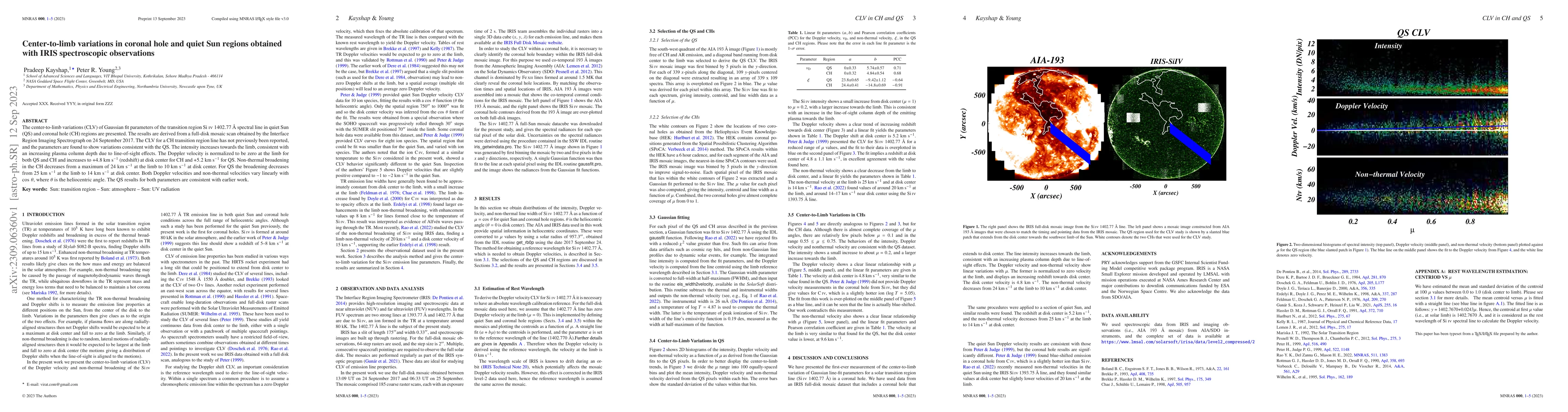 Thumbnail for Center-to-limb variations in coronal hole and quiet Sun regions obtained
  with IRIS spectroscopic observations
