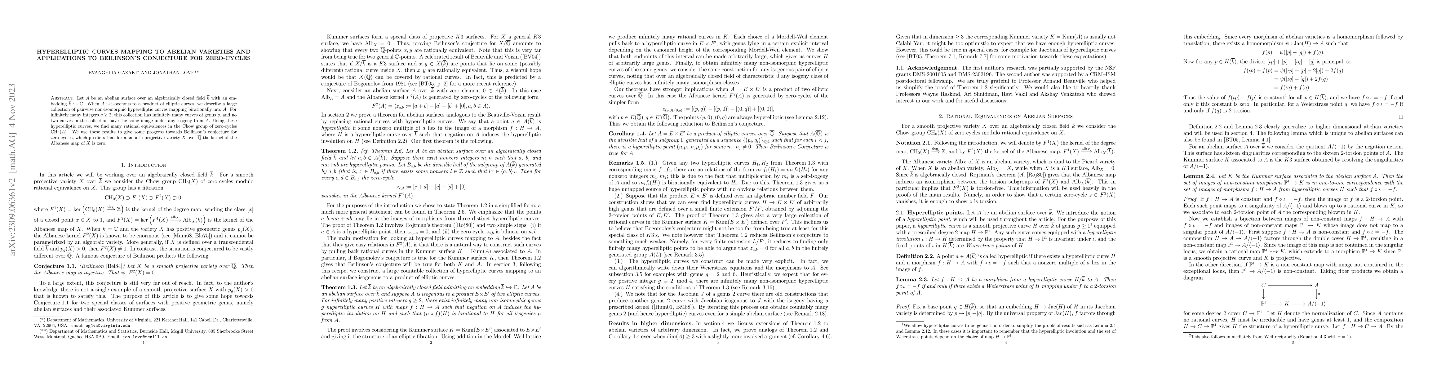 Thumbnail for Hyperelliptic curves mapping to abelian varieties and applications to
  Beilinson's conjecture for zero-cycles