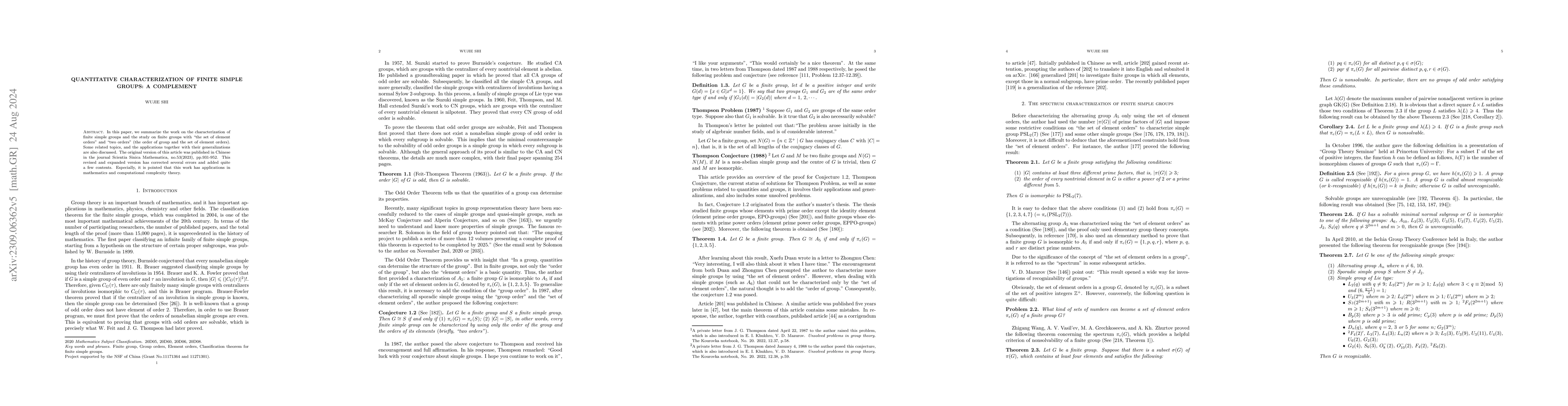 Thumbnail for Quantitative characterization of finite simple groups: a complement