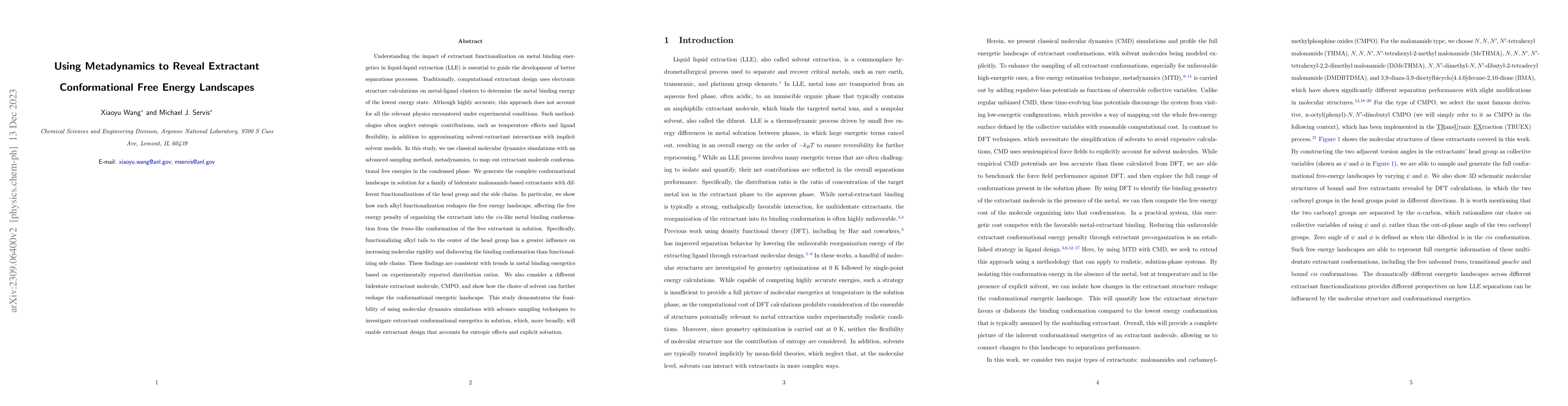 Thumbnail for Using Metadynamics to Reveal Extractant Conformational Free Energy
  Landscapes