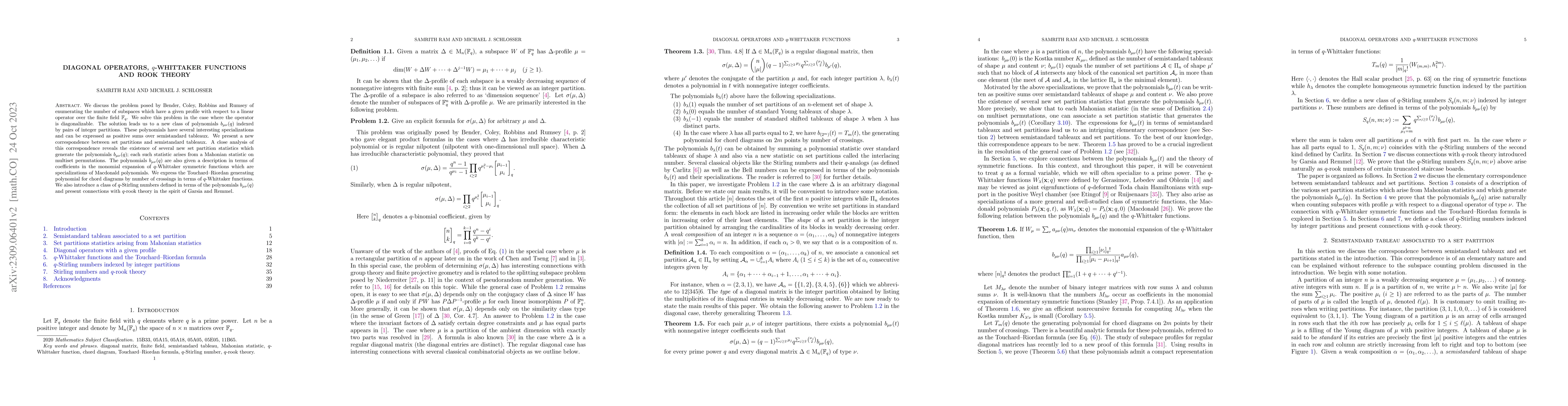 Thumbnail for Diagonal operators, $q$-Whittaker functions and rook theory