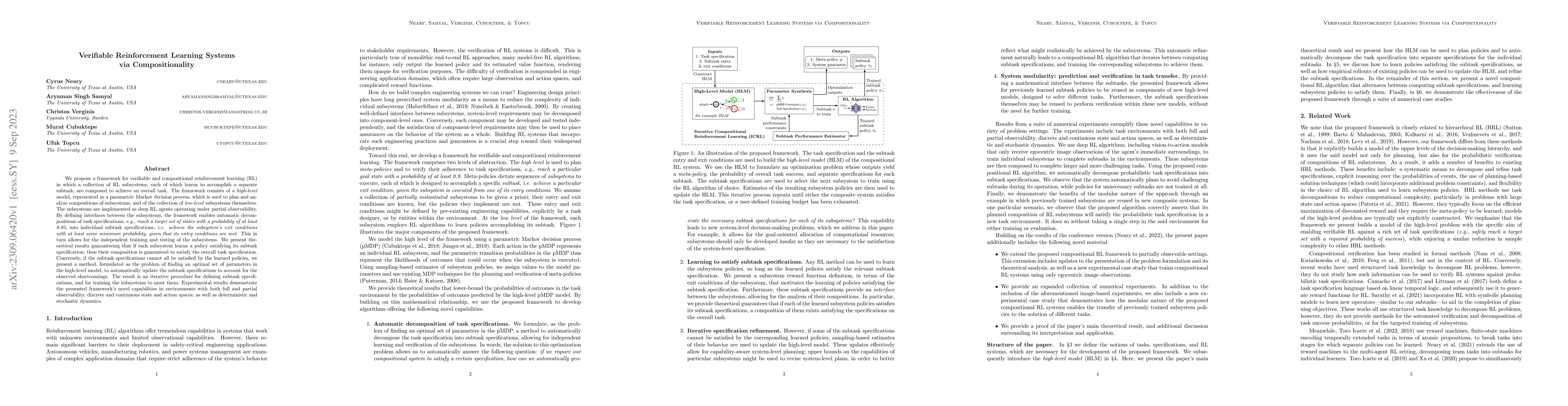 Thumbnail for Verifiable Reinforcement Learning Systems via Compositionality