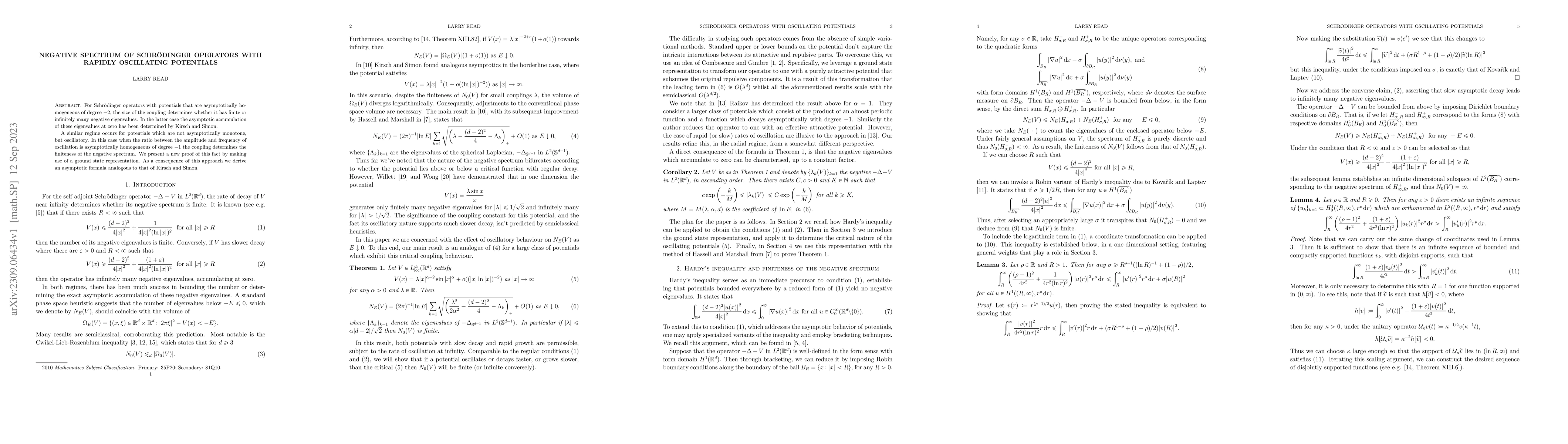 Thumbnail for Negative spectrum of Schr\"odinger Operators with Rapidly Oscillating
  Potentials