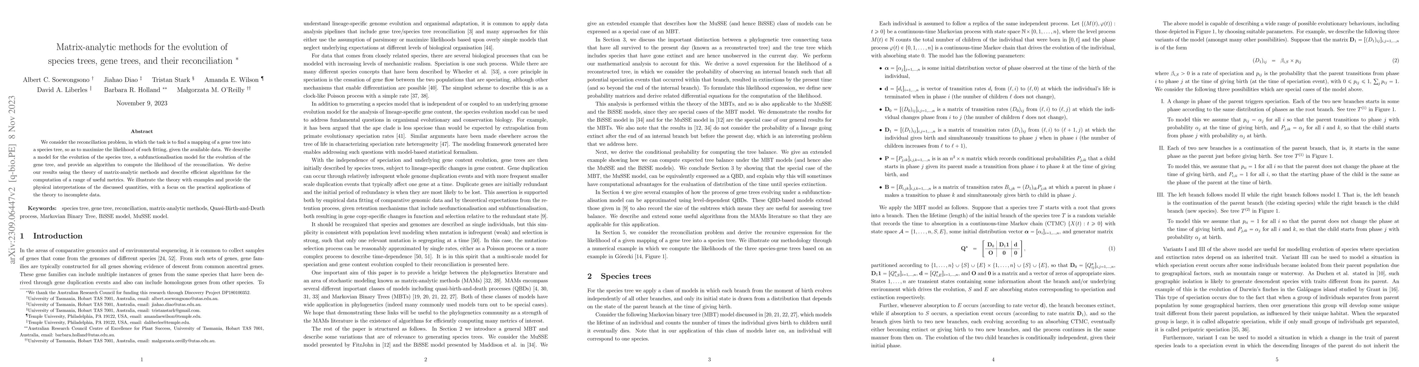Thumbnail for Matrix-analytic methods for the evolution of species trees, gene trees,
  and their reconciliation