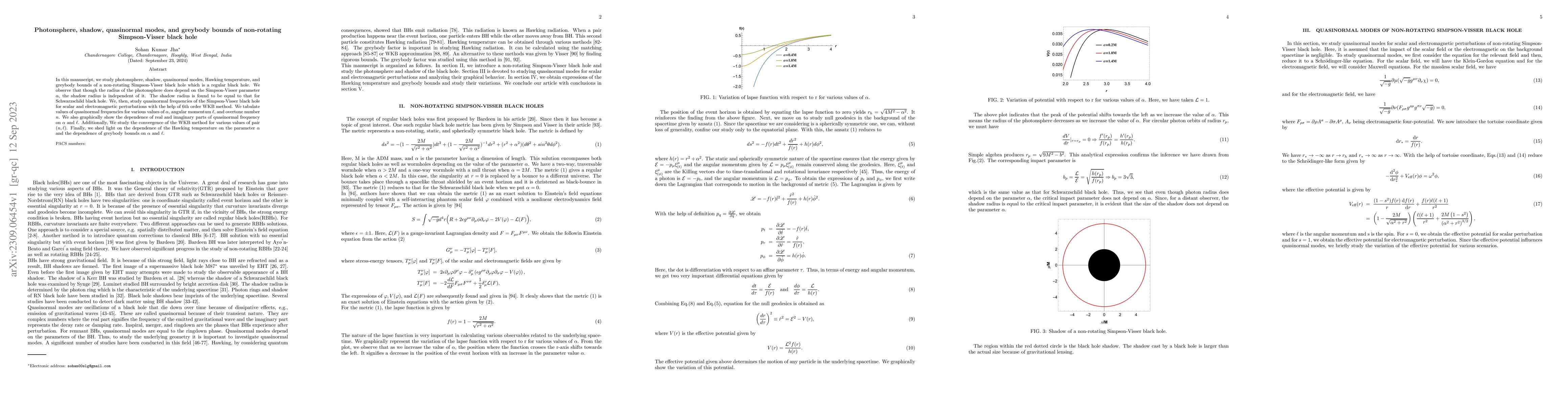 Thumbnail for Photonsphere, shadow, quasinormal modes, and greybody bounds of
  non-rotating Simpson-Visser black hole