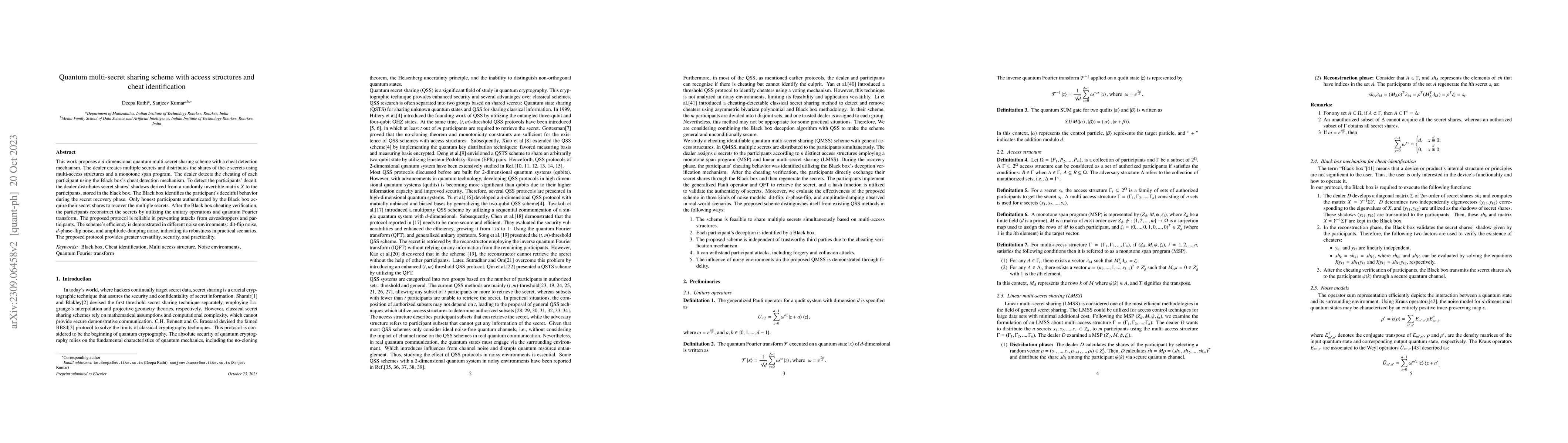 Thumbnail for Quantum multi-secret sharing scheme with access structures and cheat
  identification