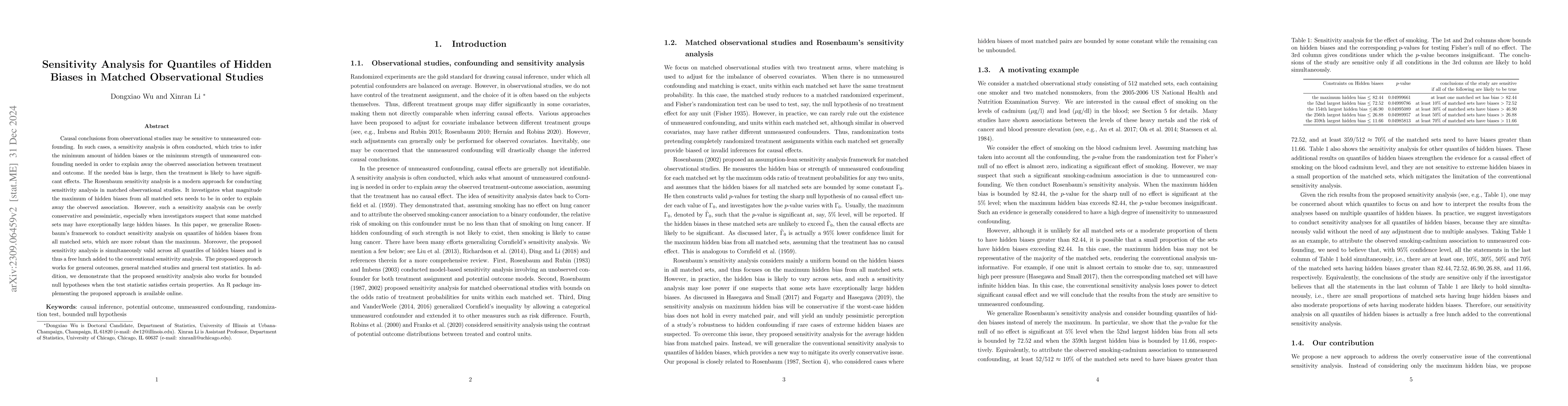 Thumbnail for Sensitivity Analysis for Quantiles of Hidden Biases in Matched
  Observational Studies